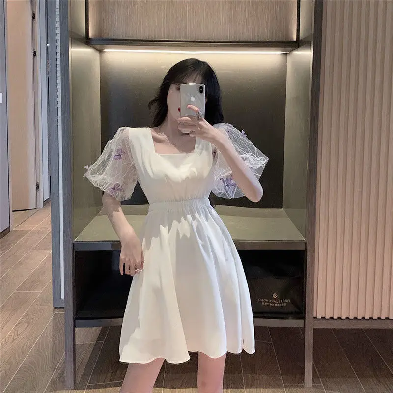 

Chiffon White Elegant Dress Women Puff Sleeve Sweet Mini Dress Evening Party One Piece Dress Korean Kawaii 2021 Summer Chic