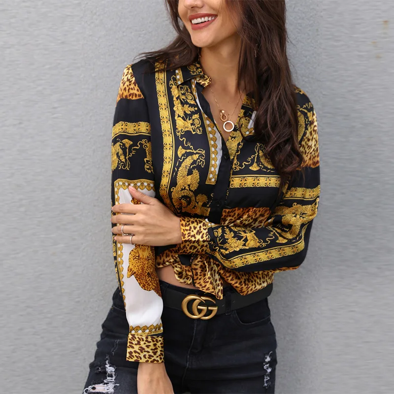 Женская офисная блузка с леопардовым принтом элегантная рубашка на пуговицах
