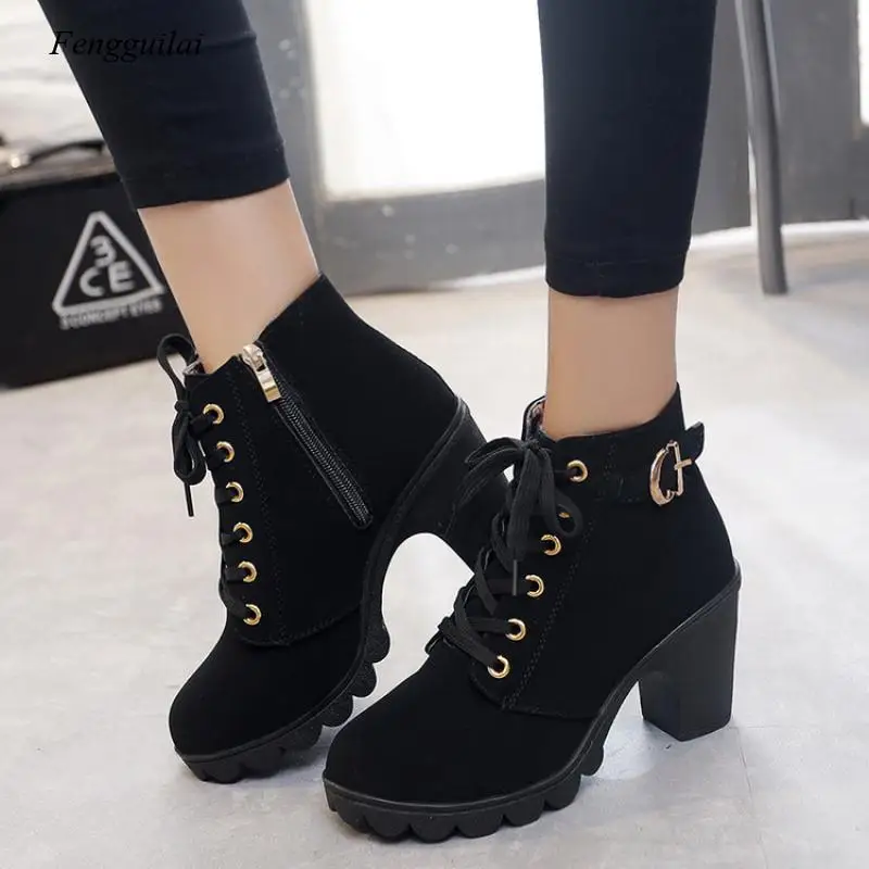 New Spring Winter Women Pumps Boots High Quality Lace-Up European Ladies Shoes Pu High Heels Boots Fast Delivery