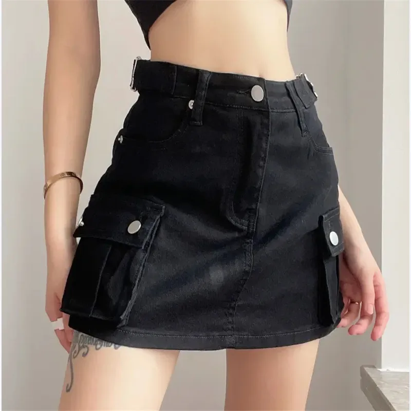 

Y2K Aesthetic Low Waist Denim Skirts Women Belted Jean Skirt Pleated A-line Mini Skirt Trendy 2000s Streetwear