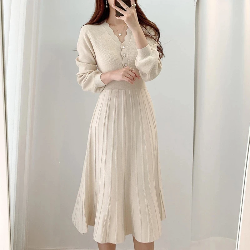 

Women V Neck Long Sleeve Midi Dress Button Decreation High Waist A Line Slim Femme Robe 2021 Chic Knitted Solid Vestidos