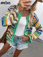 aproms elegant rainbow colored long sleeve knit cardigan women autumn hollow out oversized sweater female fashion outerwear 2021