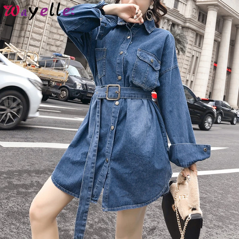 Джинсовое платье рубашка на осень и зиму винтажное повседневное Синее джинсовое