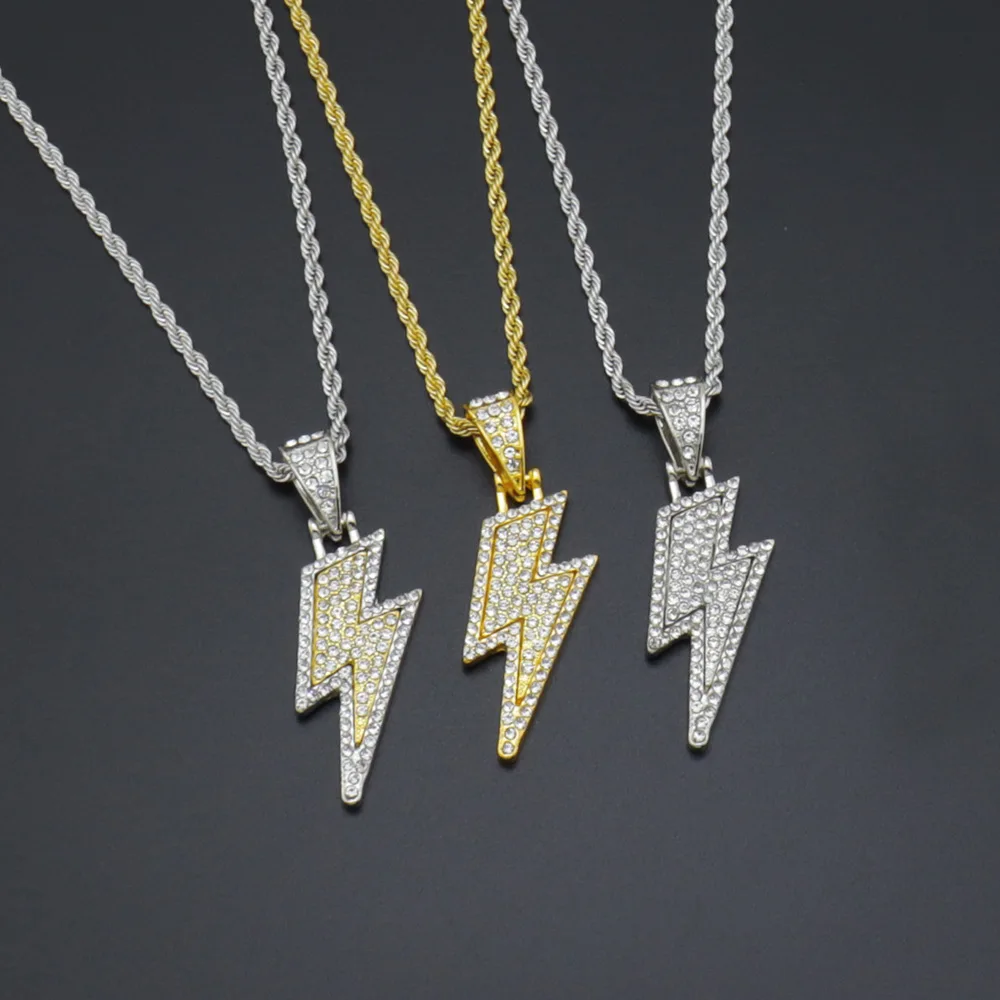 

Luxury Gold Color Iced Out Chain Necklace Full Filled Rhinestone Lightning Necklace for Men Women's Party Gifts Hip Hop Jewelry