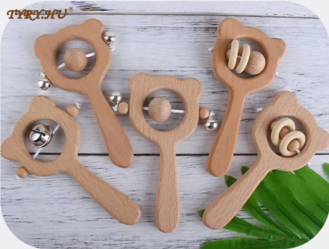 TYRY.HU Wooden Rattle Beech Bear Hand Teething Wooden Ring Baby Rattles Play Gym Montessori Stroller Toy Educational Toys