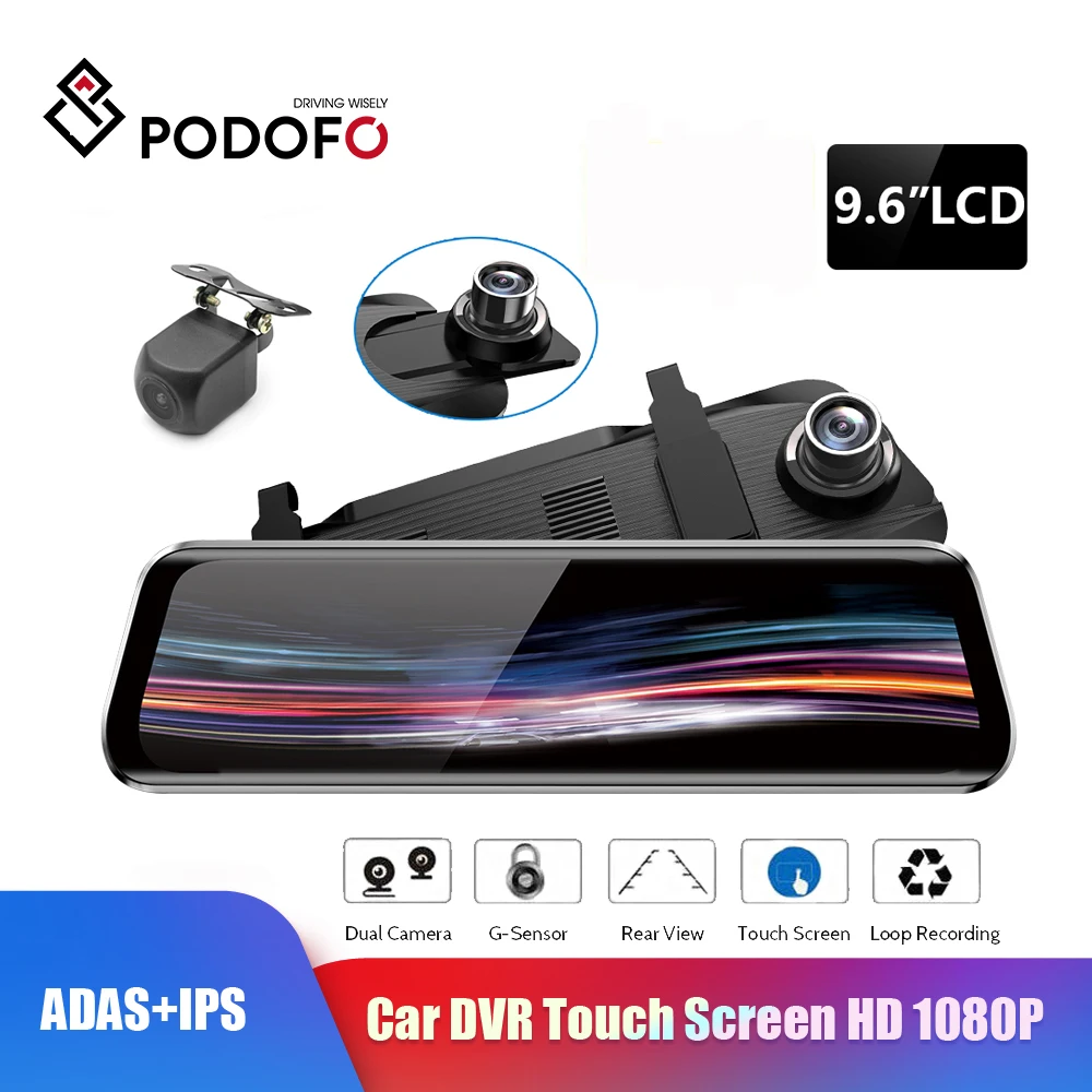 Автомобильный видеорегистратор Podofo 1", двойной видеорегистратор, зеркало заднего вида, Автомобильный видеорегистратор ADAS ips с сенсорным экраном, Full HD 1080P WDR, Автомобильный регистратор