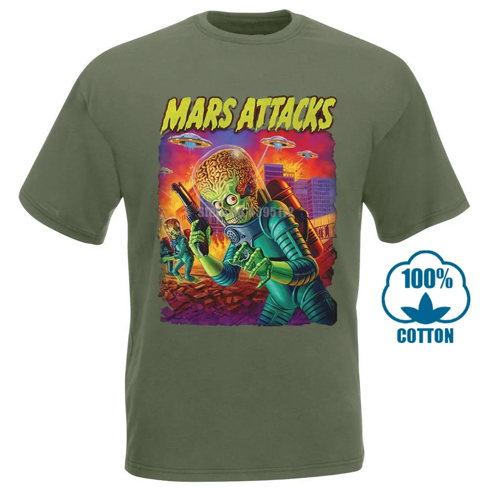 Армейский зеленый Mars Attacks Movie Мужская футболка атакующий инопланетянин с блюдцем заполненное небо - Цвет: Армейский зеленый