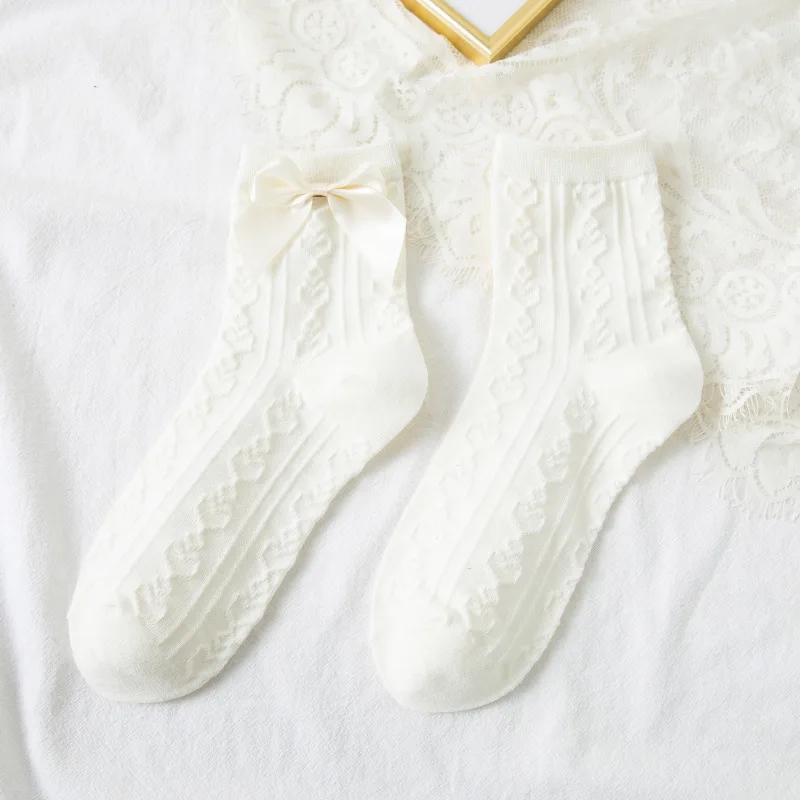 

Women Socks Cotton Bowknot Cartoon Sock Woman Solid Color Unisex High Funny Ladies Sox Spring Summer Female Trendy Calcetines