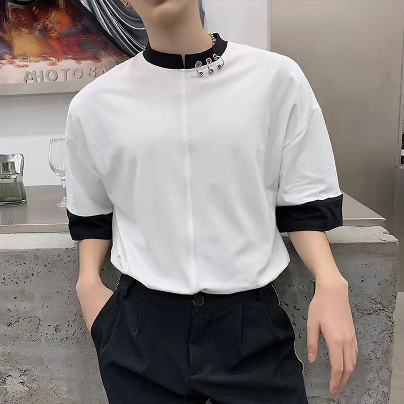 

Мужская черная белая футболка с железным кольцом, мужская летняя уличная футболка в стиле хип-хоп, свободная повседневная футболка с коротк...