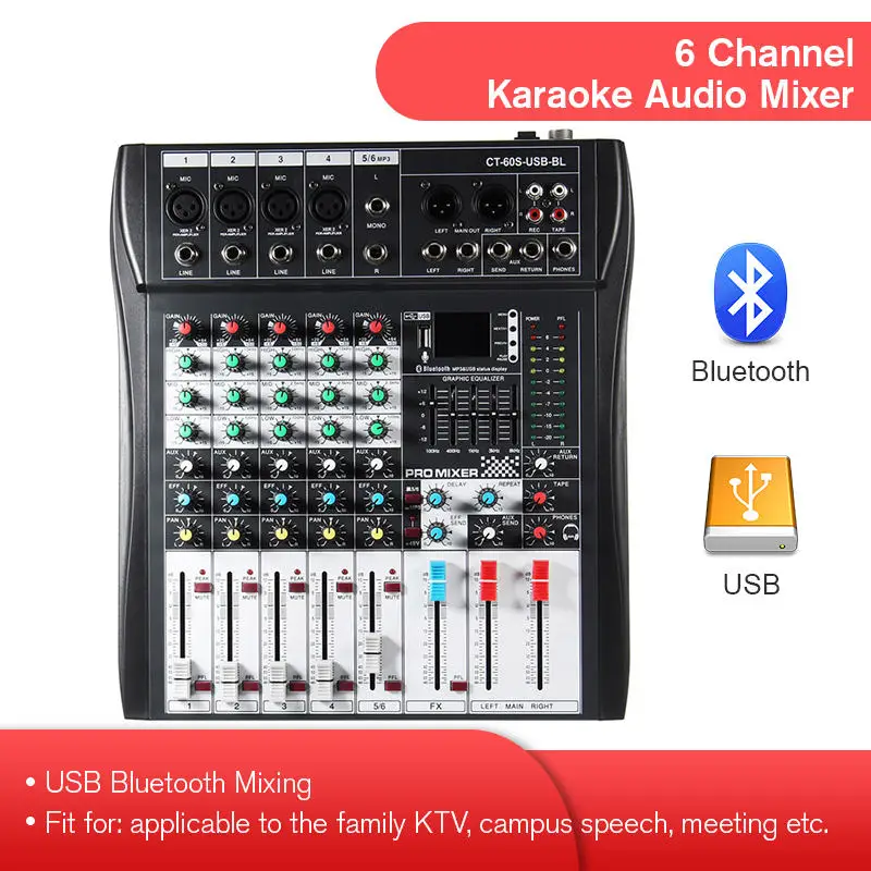 LEORY 6 канальный караоке аудио микшер с USB 48 В фантомное питание bluetooth профессиональный микрофон консоль усилителя для микширования звука