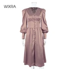 Wixra 2021 женское атласное однобортное платье с v-образным вырезом, пуговицами и длинным рукавом, разрезом, высокой талией, тонкое элегантное однотонное осеннее платье средней длины