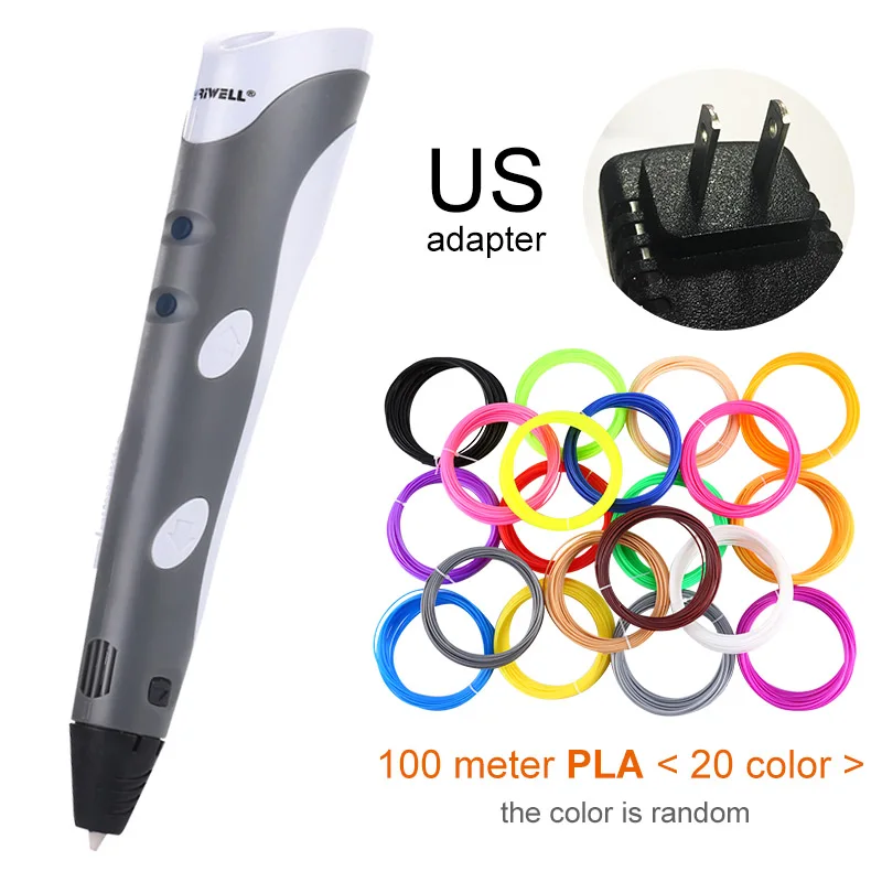 Myriwell, 3D Ручка,, сделай сам, 3D печать, ручка с 100 м ABS/PLA нитью, креативная игрушка, подарок для детей, дизайнерский рисунок - Цвет: Grey US-100m PLA