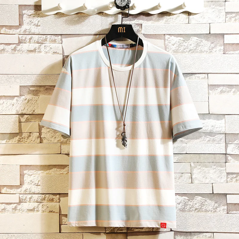 Men's Cotton Striped T-shirts Funny Mens Summer Tshirts Male Oversized Tee Shirts Fashion 5XL Casual T Shirt For Man Streetwear | Мужская