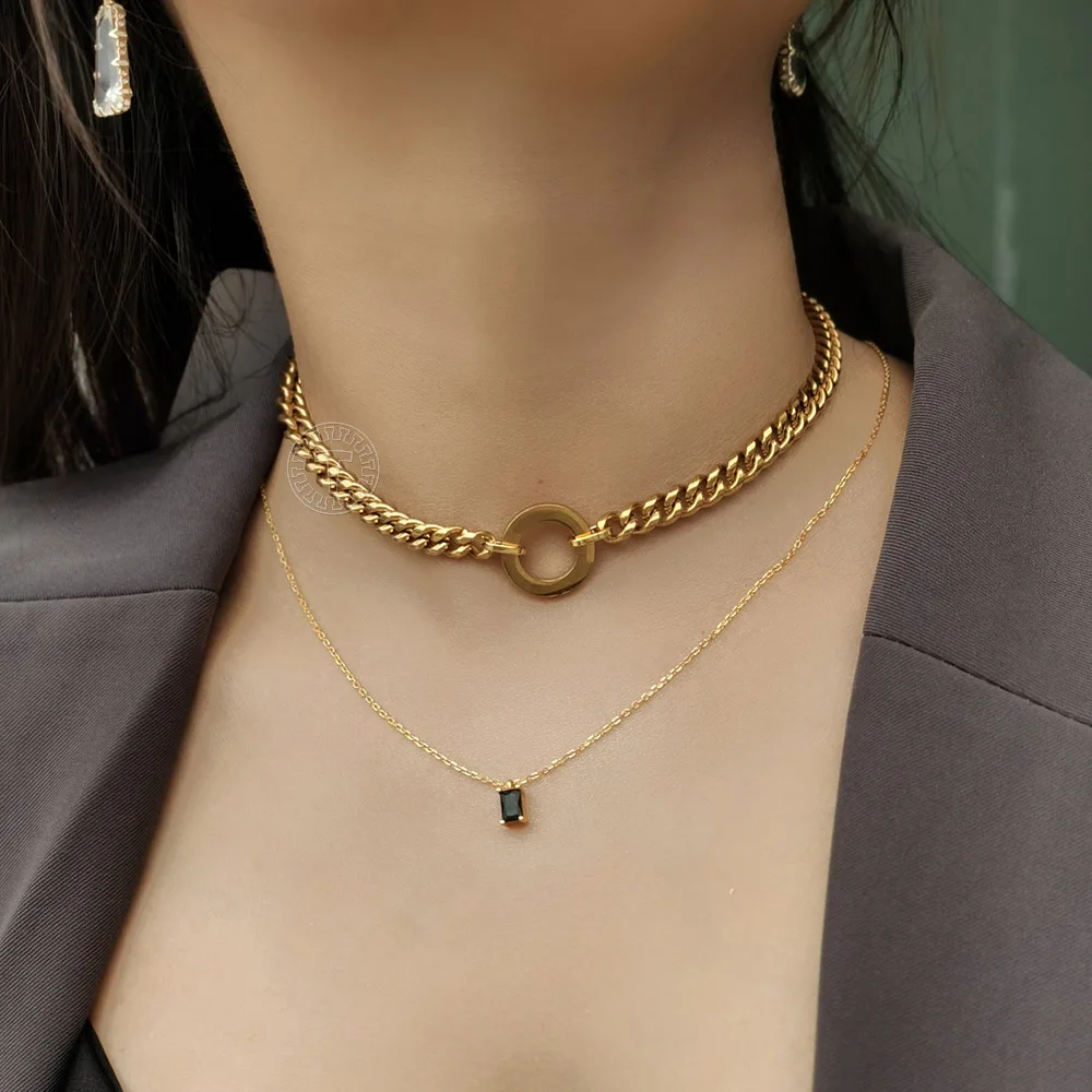 

Женское колье-чокер золотистого цвета из нержавеющей стали 6 мм с круглым кольцом, ожерелье с кубинской цепочкой, ювелирные изделия DDN260