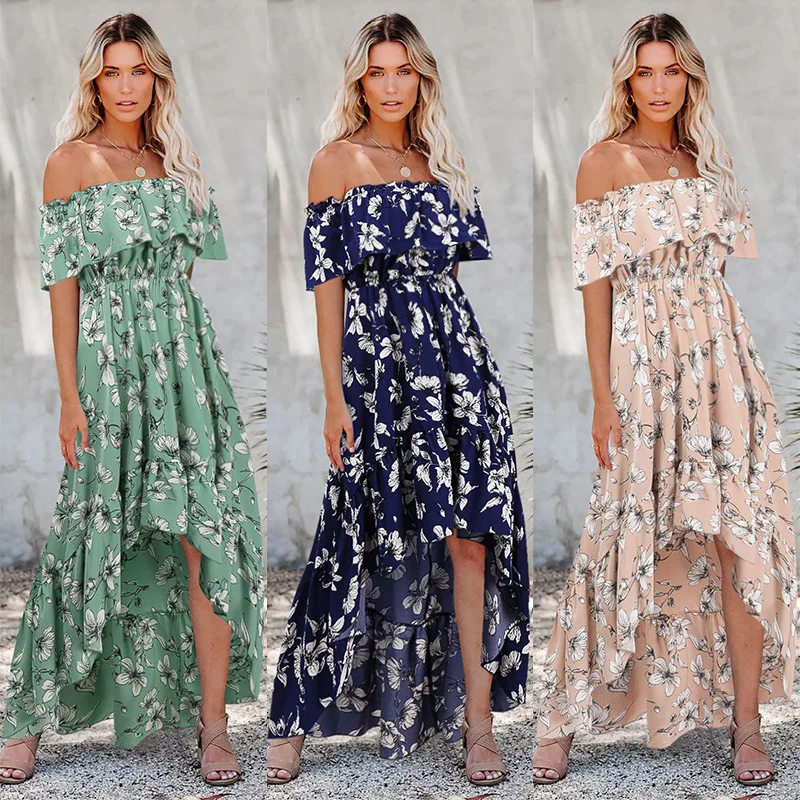 

Dress Elegant Women Irregular Bohemia Floral Fashion Short Sleeve Strapless Casual Long Dresses Slash Neck Summer Woman Clothes