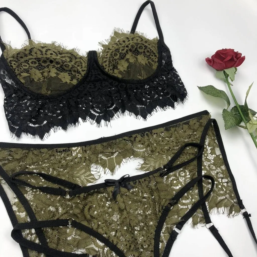 Женский кружевной ансамбль Soutien Gorge Culotte, сексуальное женское белье, бюстгальтер на бретельках и трусики, набор подвязок, нижнее белье, Babydoll Lenceria Mujer