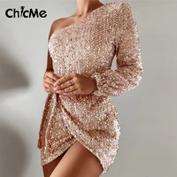 chicme autumn women sequined one shoulder bodycon dress for women 2021 party long sleeve nightclub sexy birthday dress elegant