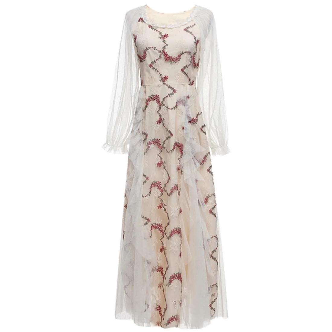 

Spring Luxurious Embroidery Pastel Elegant Vestidos Retro Harajuku Trendy Ukraine Vacation Korean Party Dress Women Net Yarn