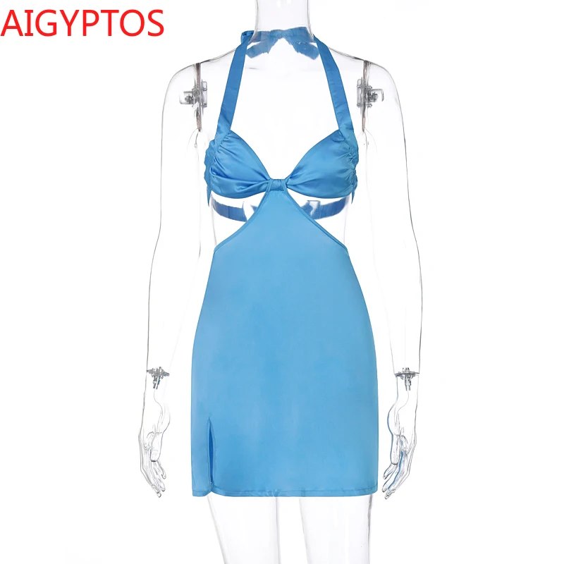 

Satin Ladies Halter Mini Dress Slit Lace Lace Strap Hollow Halter Sexy Streetwear Party Club Festival Summer 2021