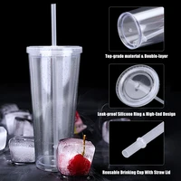 straw cup with lid double layer reusable drinking cup plastic tumbler transparent tea fruit coffee mugs diy outdoor water bottle