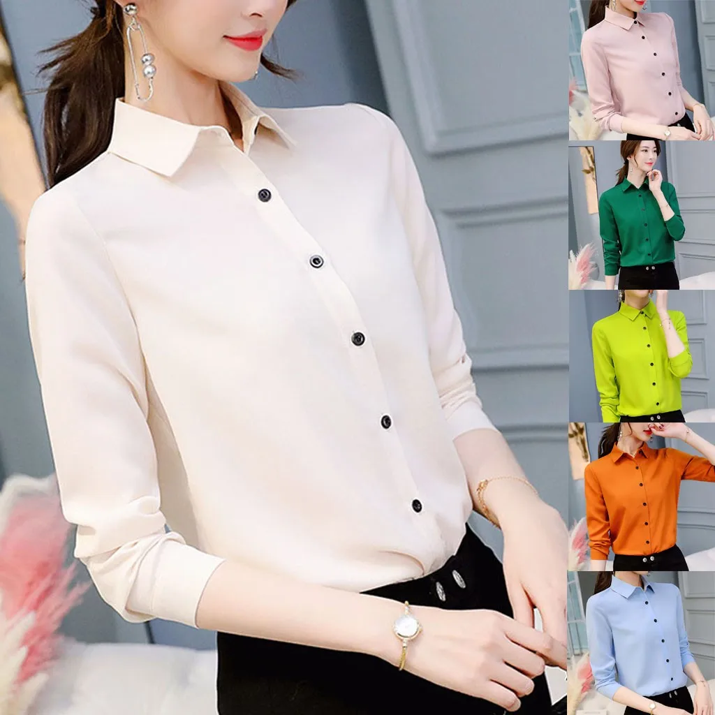 Женская Деловая блузка с отложным воротником Однотонная рубашка зеленого