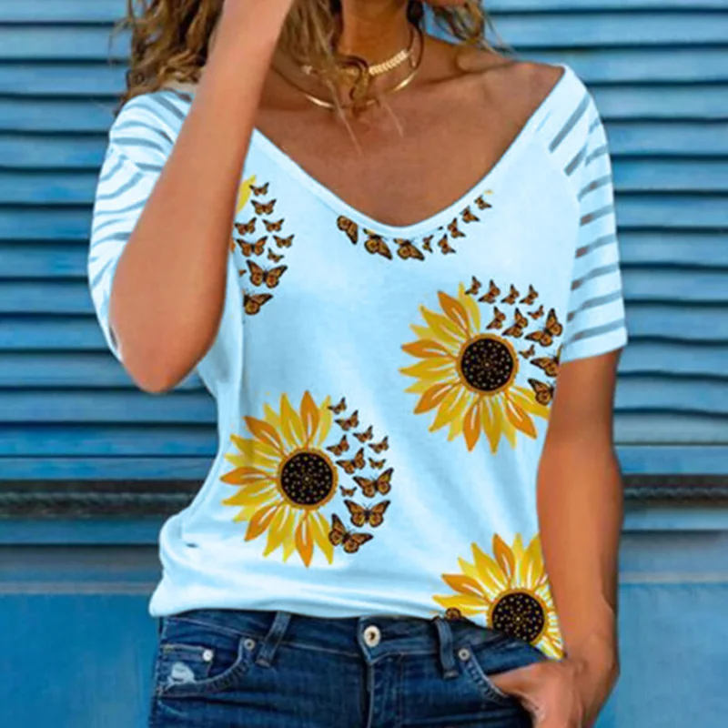 

Women Elegant V-Neck Shorts Sleeve Tops 2021 Summer Fashion Sunflower Print Blouse Shirts Female Casual Loose Blusa Streetwears