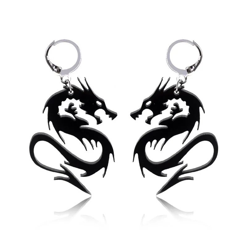 

Chinese Style Mirror Surface Arcylic Dragon Earrings Women Cool Black Gold Silver Color Twisted Animal Drop Earrings Jewelry