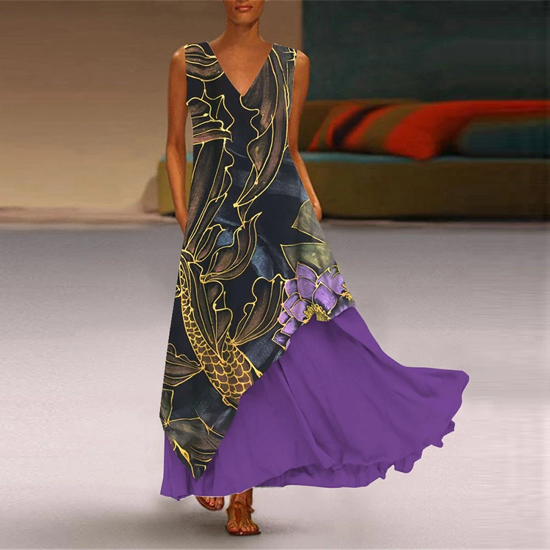 

2021 Summer New Female V-neck Sleeveless Fake Two-piece Dress Women Elegant Floral Print Dress Casual Plus Size Maxi Party Dress