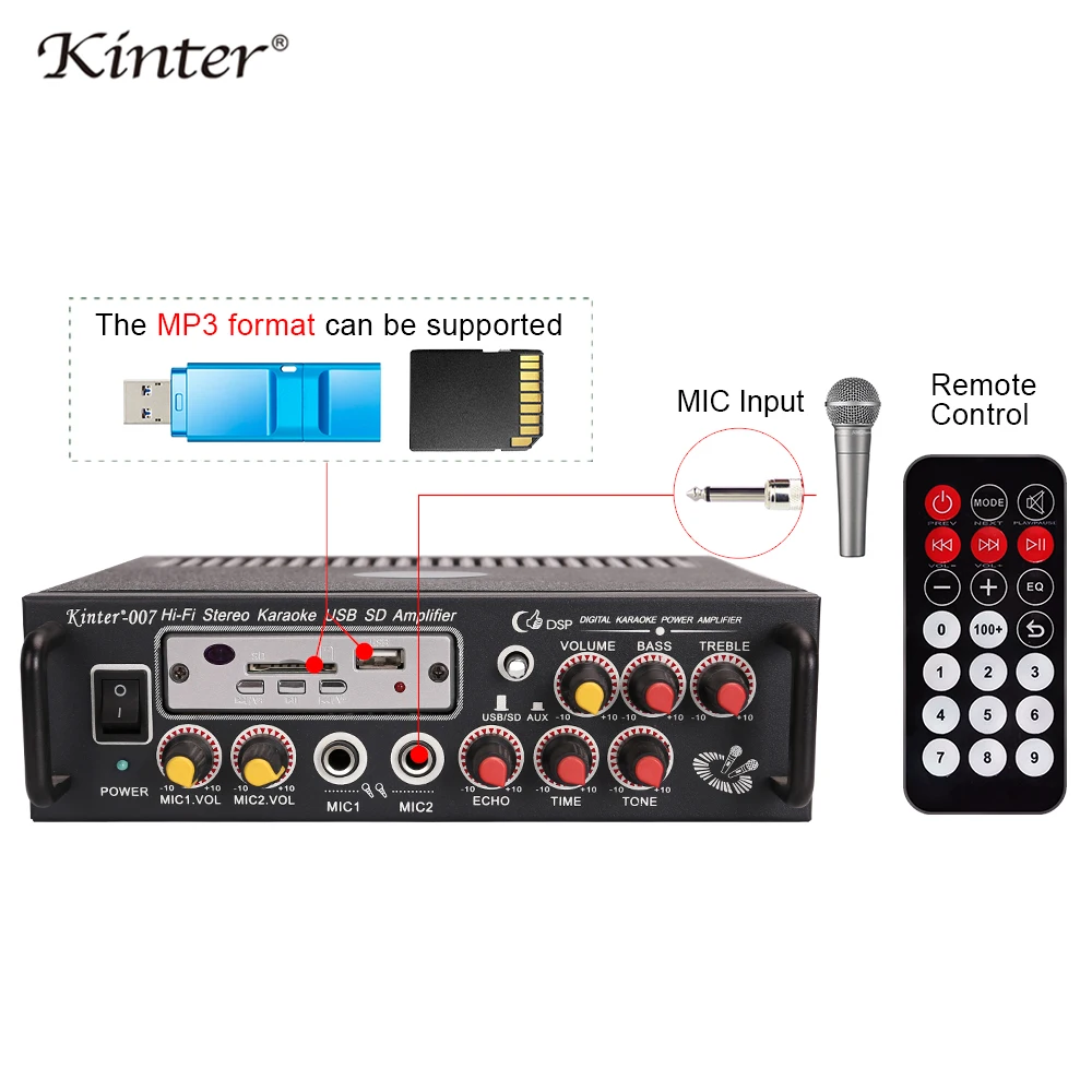 Kinter-007 караоке усилитель аудио 2.0CH 30 Вт contro бас ВЧ музыки микрофон эхо тон время воспроизведения стерео звук предложение USB SD AUX