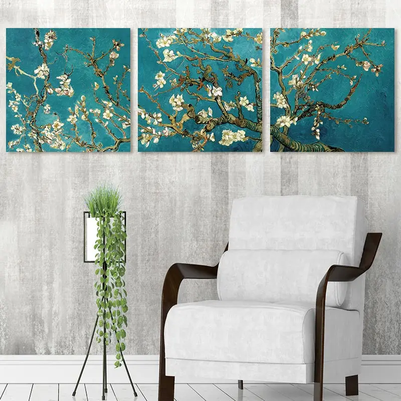 

3 Panels Abstract Van Gogh Oil Wall Painting Apricot Flower Blooming Canvas Painting Wall Pictures Artwork Print Unframed