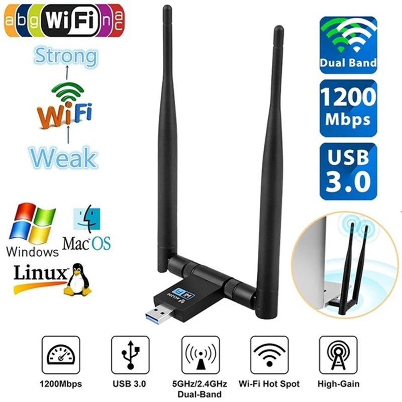 

DZLST AC 1200M Wireless Network Card 2.4G 5 .8G Double frequency Gigabit Network Card For Windows XP 7 8 10 Usb 3.0 Wifi Adapter