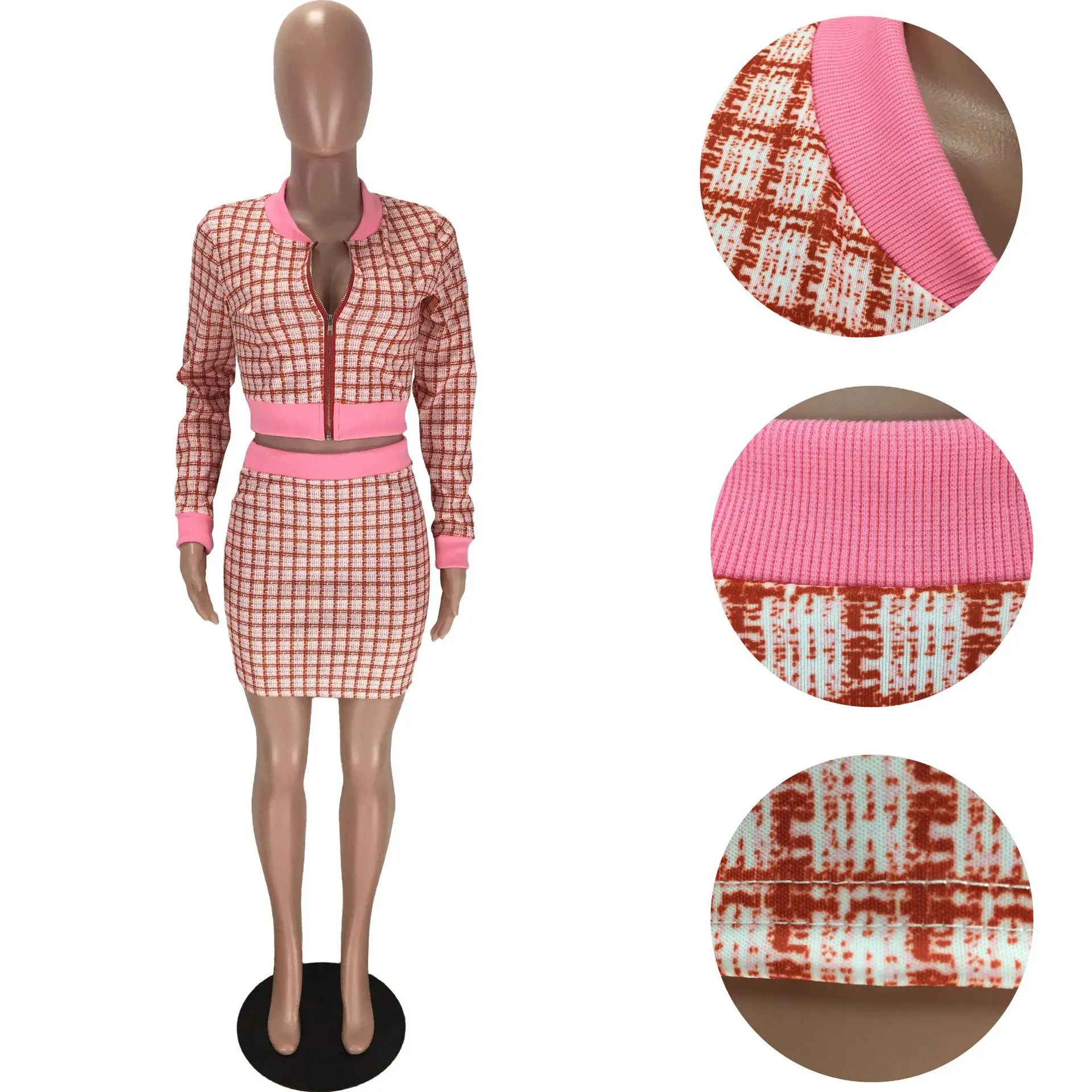 Женский Осенний клетчатый комплект из двух предметов с юбкой и укороченным топом