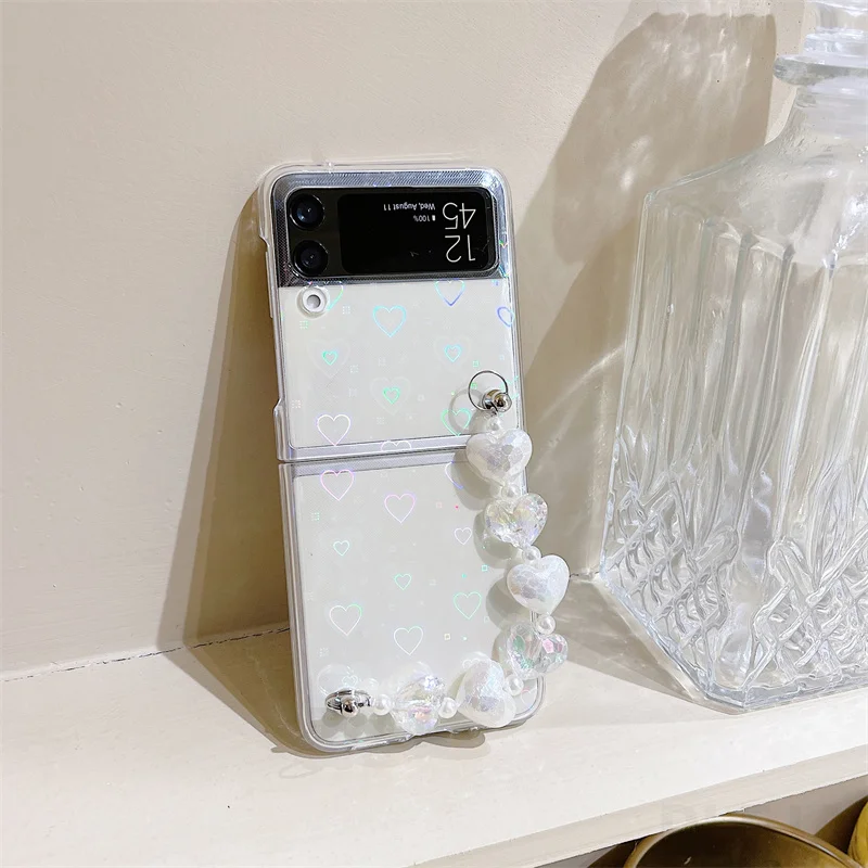 Милый медвежонок сердце браслет лазерный чехол для телефона Samsung Galaxy Z Flip 3 ZFlip3 Flip3 Браслет верёвка жесткий прозрачный чехол ручная цепочка.