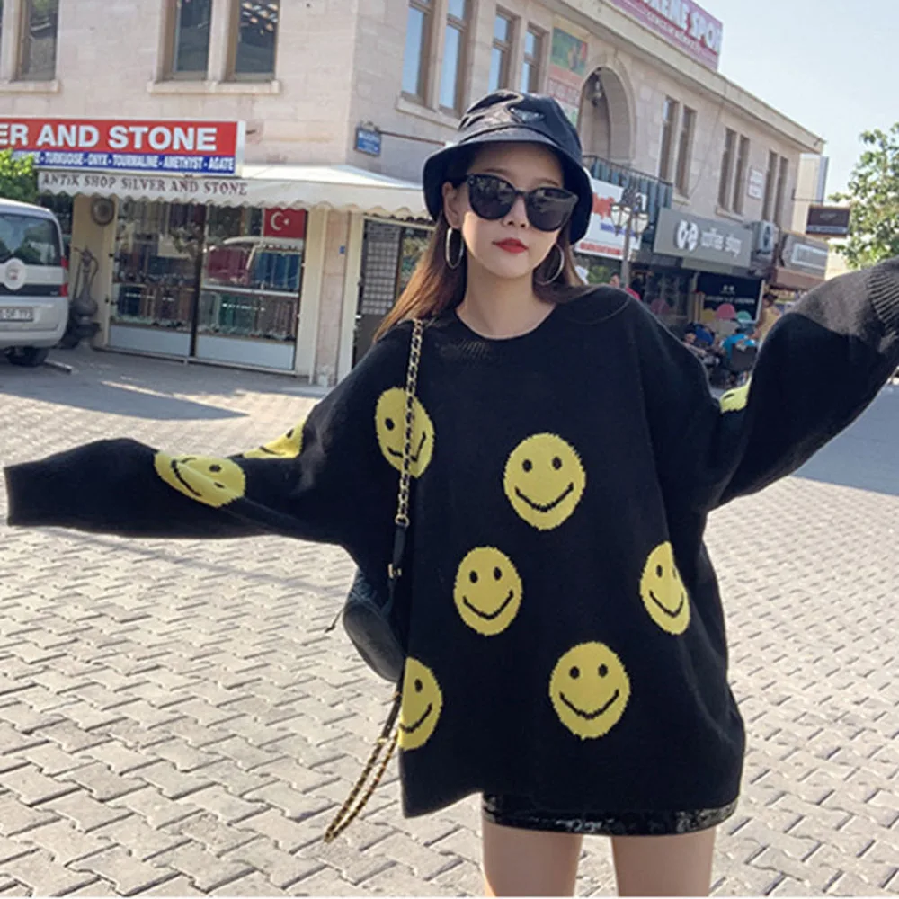 

Осенне-зимний свитер с улыбающимся лицом, женское новое пальто средней длины, Корейская Свободная трикотажная рубашка для студенток