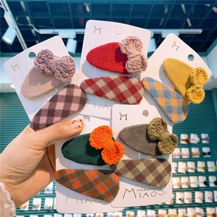 

Japanese Korean Girl Plaid Water Drop Wool Bow Hairpin College Style Side Clip Winter Hair Accessories
