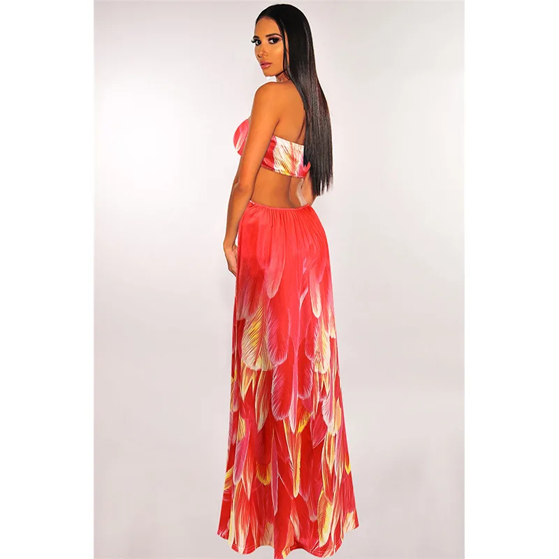 

Adogirl Women Bohemian Maix Dress Print Sleeveless Halter Bandage Hollow Out Long Dresses Sexy Night Party Dress Summer Outfits