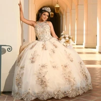 gorgeous o neck quinceanera dresses 2021 lace appliques sequined princess party sweet 15 pageant ball gown tulle sleeveless