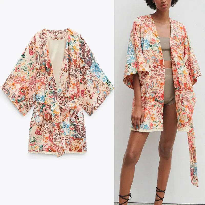 

2022 Floral Print Summer Kimono Blouse Women Long Sleeve Partchwork Linen Blouses Chic Frayed Hem Female Vintage Belted Tops