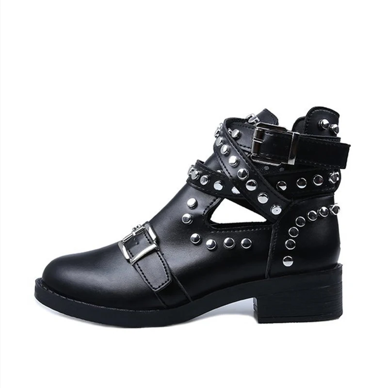 

Leather Fashion Women Ankle Boots Women's Rivet Shoes Woman Buckle Strap Ladies Chunky Heels Female Punk Rome Footwear
