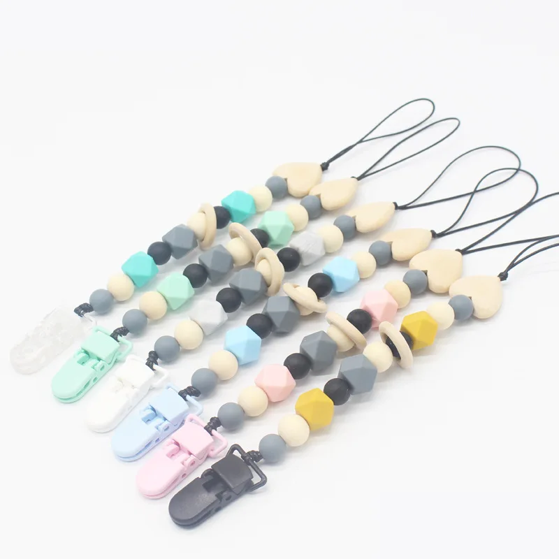 Chupete de silicona para dentici&oacute;n de beb&eacute;, 1 unidad, Clips de madera, cadena para chupete, juguetes para morder-0