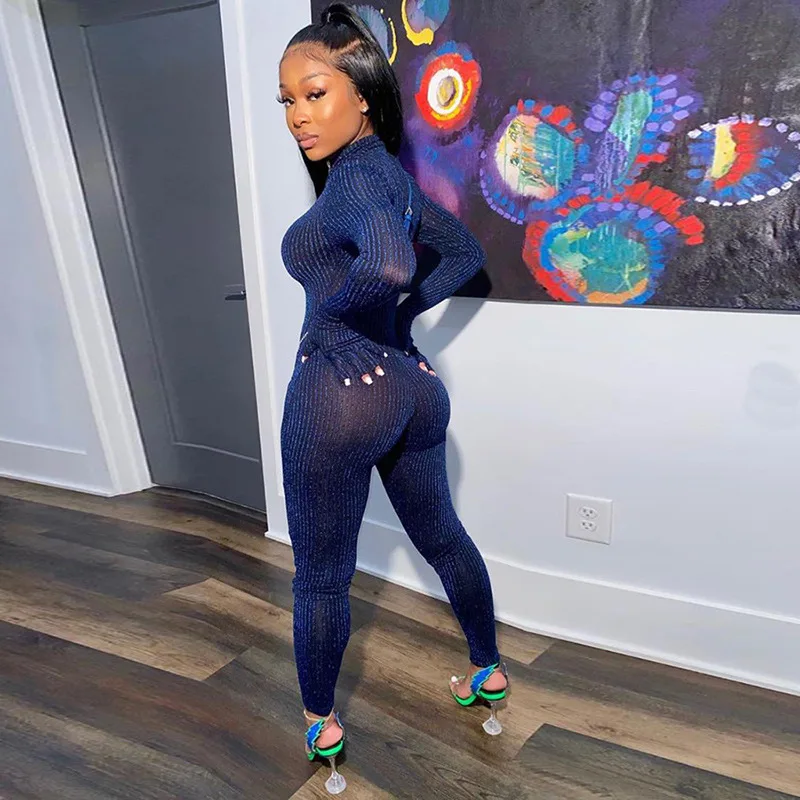 Обтягивающий комбинезон женский длинный блестящий сексуальный просвечивающий