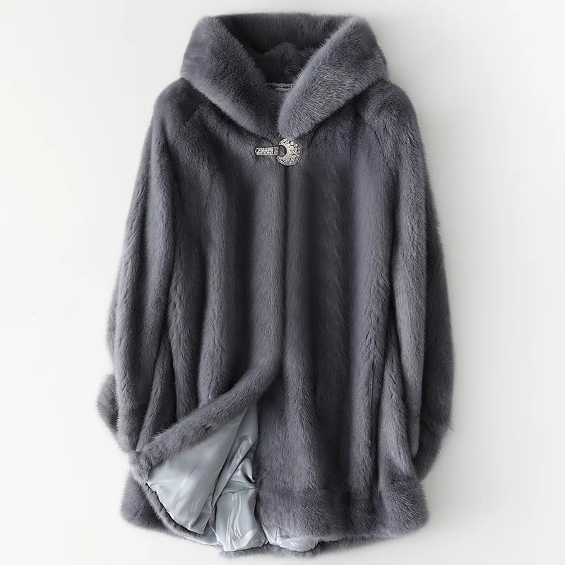 

Autumn and winter new whole mink hooded mink coat women's medium length fur coat t