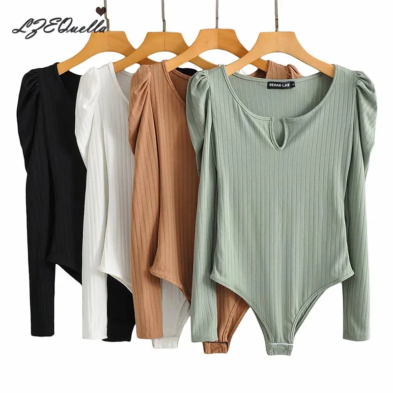 

Long Sleeve Knitted Skinny Bodysuit Women Winter Autumn Winter Solid Square Collar White Black Casual Body Top Jumpsuit 2021