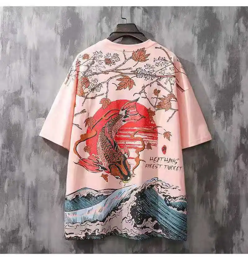 

Japanese Style Summer Clothing for Women Men Fashion Trend Ukiyo-E Carp Print Relaxed Half Sleeve T-Shirt Casual Wearing Tops