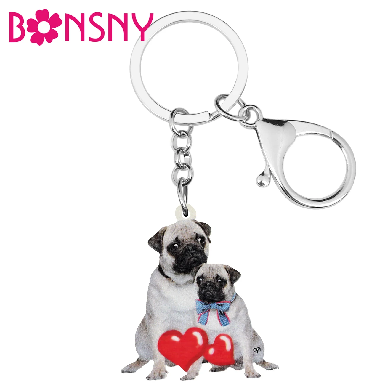 

BONSNY Mother's Day Acrylic Brown Sweet Pug Dogs Keychains Ring Fashion Key Chain Pets Jewelry For Women Girls Teens Gifts