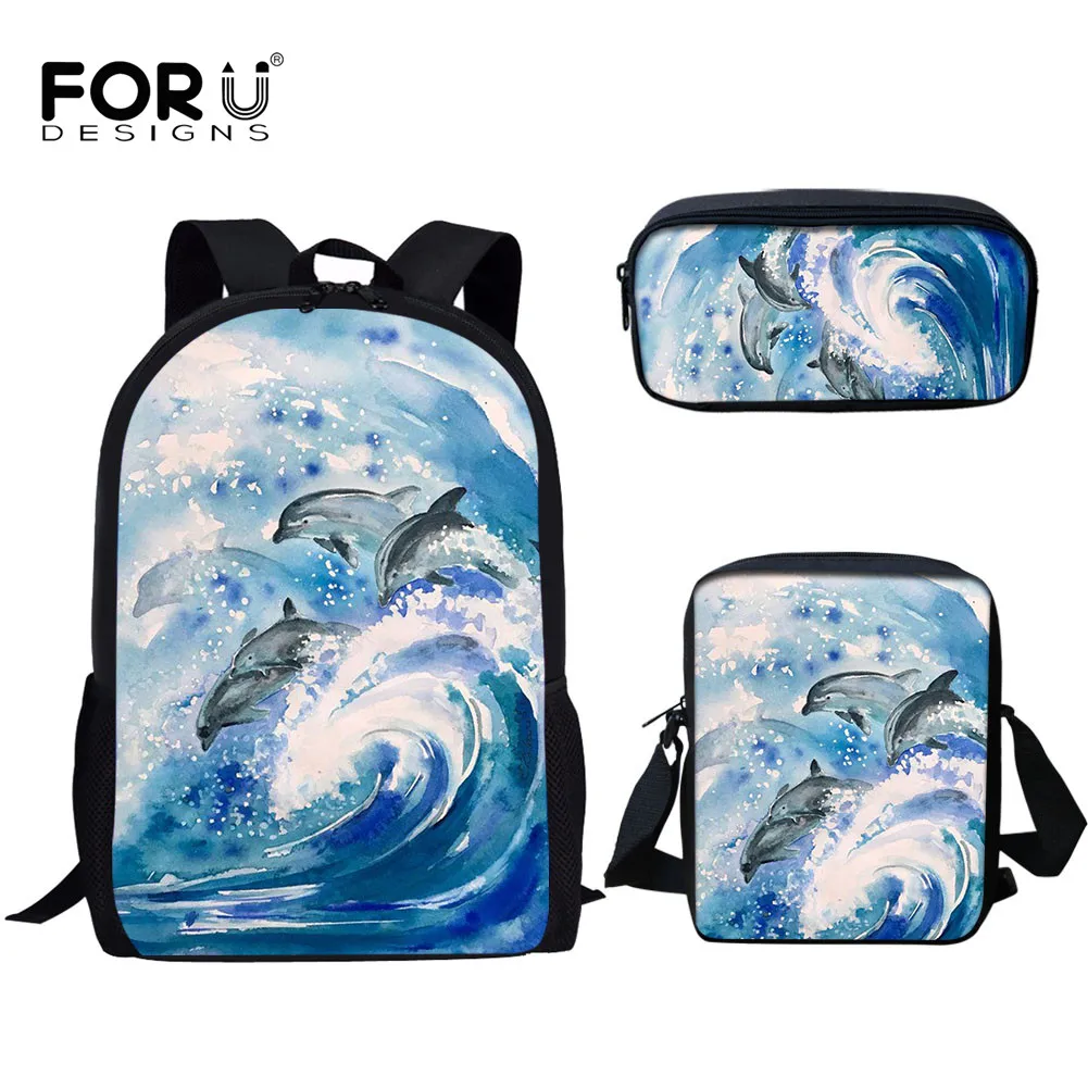

FORUDESIGNS Dolphin Pattern Printing Schoolbags for Primary Student Backpack Set Fashion Customized Backpack with Zipper 2021