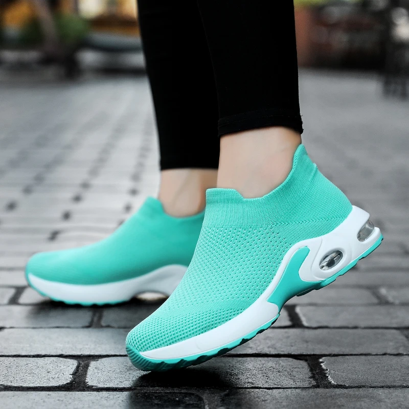 Women's Sneakers Fashion Breathable Walking Shoes Sport Slip-on Air Cushion Lightweight Socks Shoes Solid Color