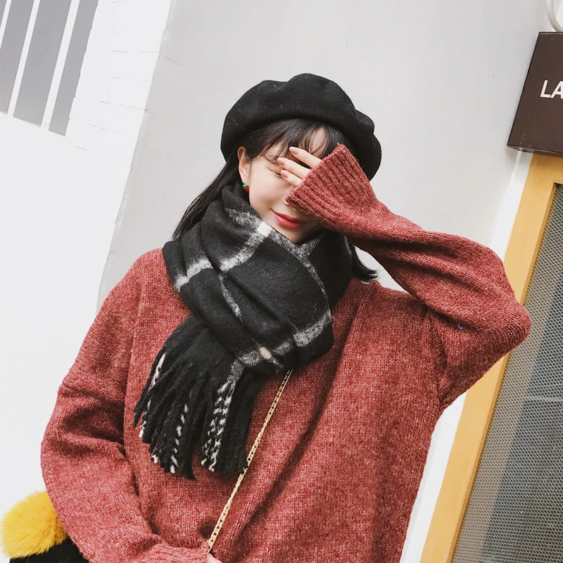 Осень-зима Новое поступление клетчатый шарф с кисточками Женская Толстая теплая
