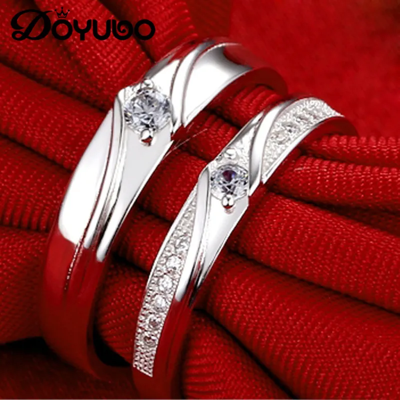 

DOYUBO 925 Sterling Silver CZ Lovers Rings Rhombic Resizable Silver Couples Rings Engraved Names & Dates Wedding Jewelry VB347