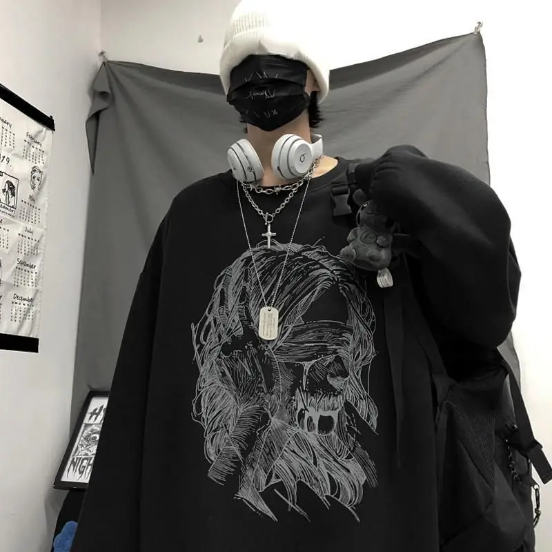 

Retro Sweatshirt For Men Women Autumn Winter 2022 Dark Printing Thin Jacket All-match Loose Black Full Sleeve Shirt Boys Tops